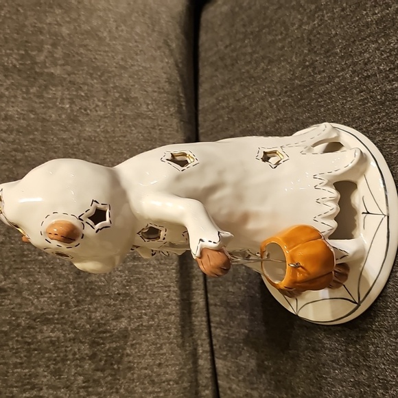 🤎🤍Blue Sky Heather Goldminc Ceramic Ghost Bear Figurine with Pumpkin - Picture 5 of 11